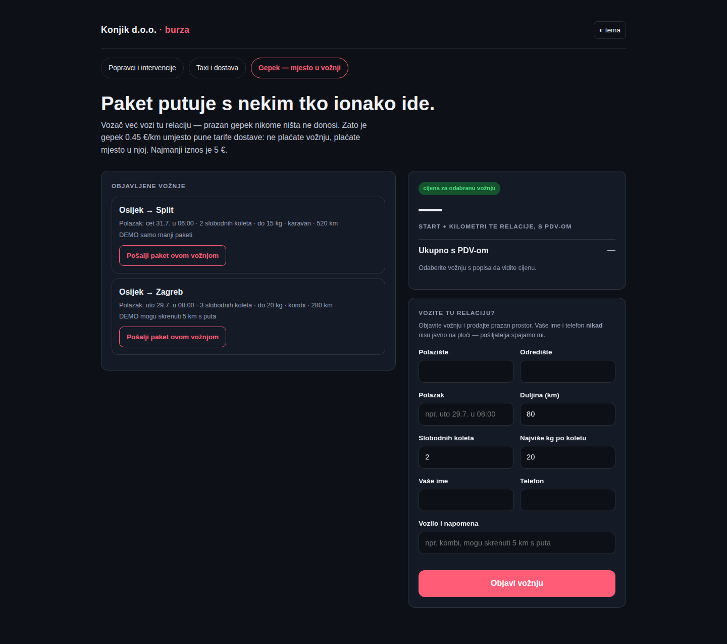 Ploča objavljenih vožnji i objava vlastite vožnje